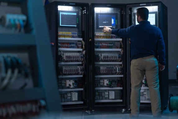 Technician working at building control system racks